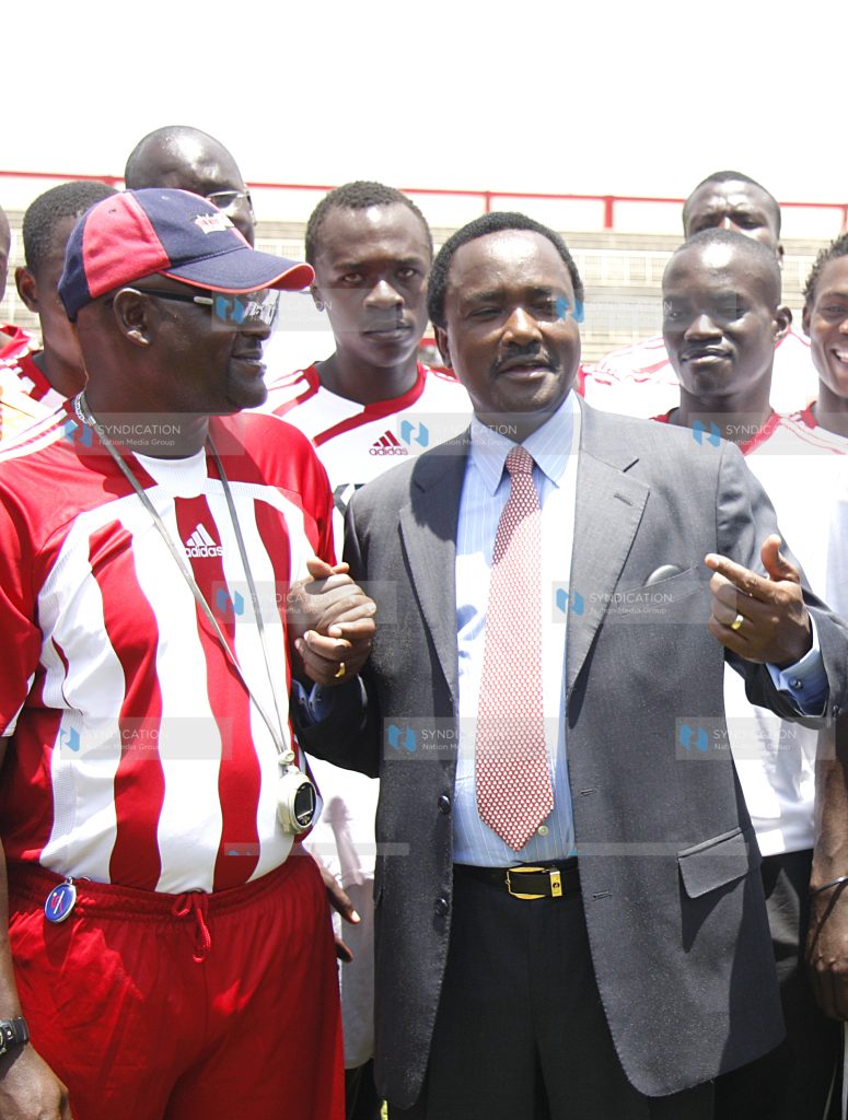 Vice President Kalonzo Musyoka chats with harambee stars coach Ghost Mulee