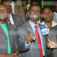 The chairman of KNUT Wilson Sossion address the media