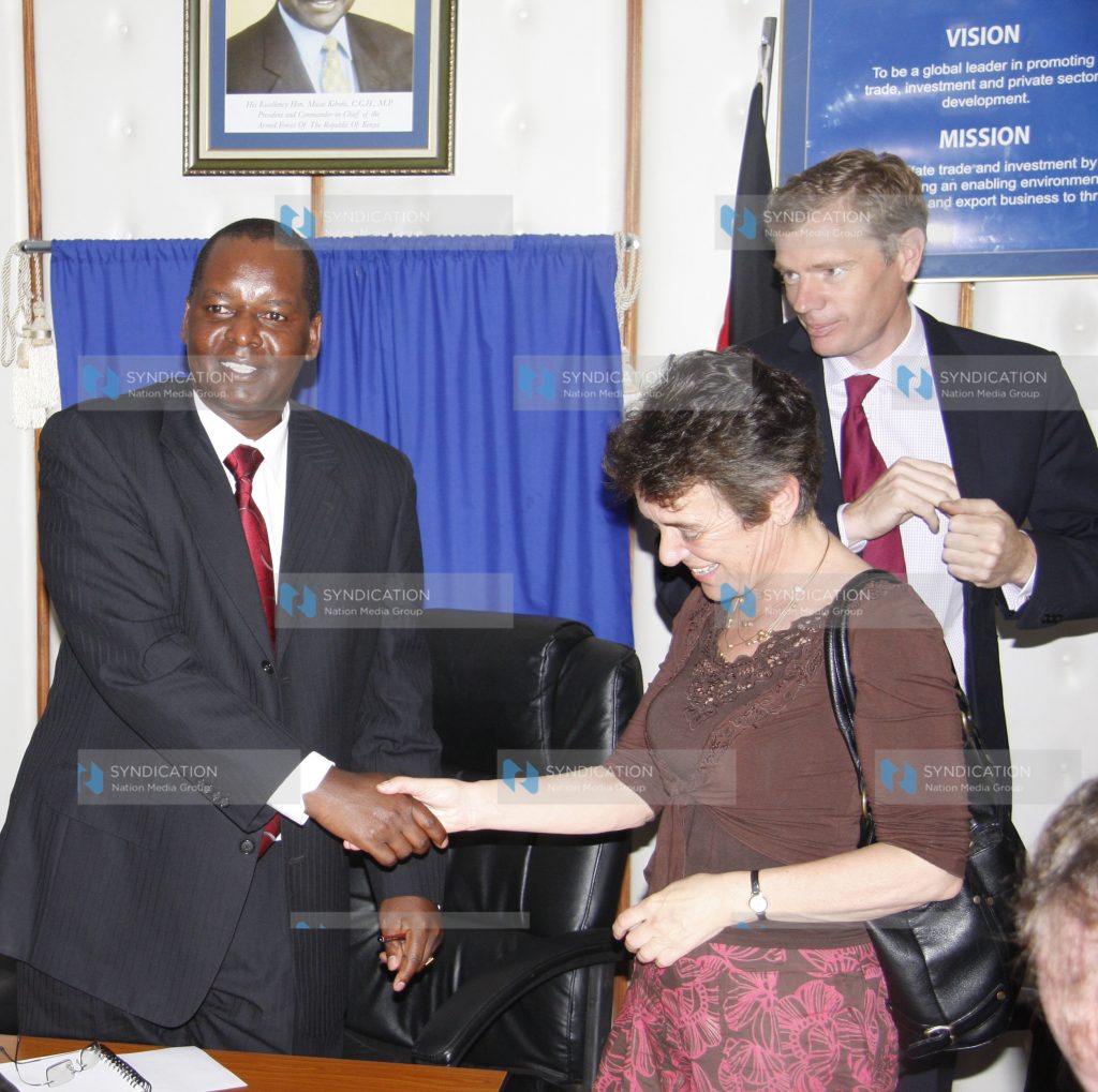 Trade Minister, Amos Kimunya shortly after meeting with UK Trade Investment's deputy cheif Executive Susan Haird and UK High Commissioner to Kenya Rob Macair