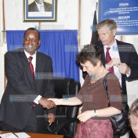 Trade Minister, Amos Kimunya shortly after meeting with UK Trade Investment's deputy cheif Executive Susan Haird and UK High Commissioner to Kenya Rob Macair