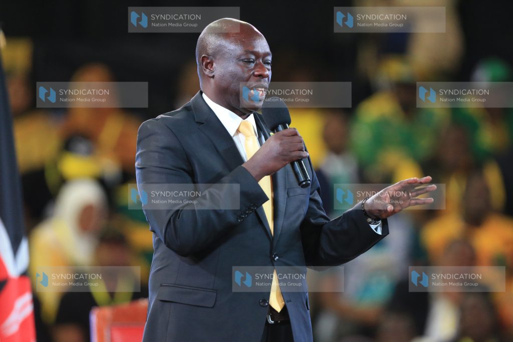 Deputy President William Ruto running mate Rigathi Gachagua address congregants when they were launching his Manifesto