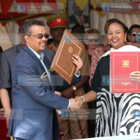 Foreign Affairs Cabinet Secretary Amina Mohammed and her Federal Republic of Ethiopia counterpart Tewodrus Adhenom