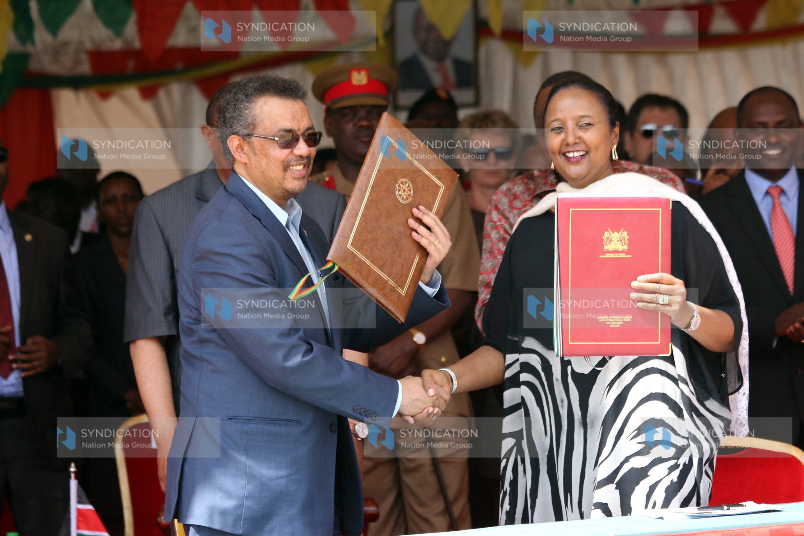 Foreign Affairs Cabinet Secretary Amina Mohammed and her Federal Republic of Ethiopia counterpart Tewodrus Adhenom