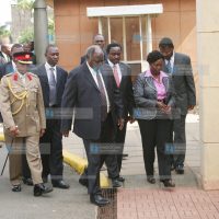 President Mwai Kibaki (left) is welcomed by his Vice Mr. Kalonzo Musyoka