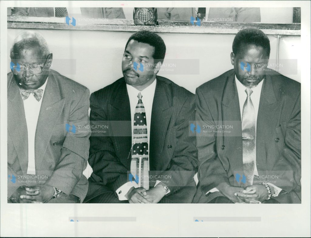 Members of the Parliament, Martin Shikuku (Butere), Maoka Maore (Ntonyiri) and Raila Odinga (Langata) in June 1996 during budget speech
