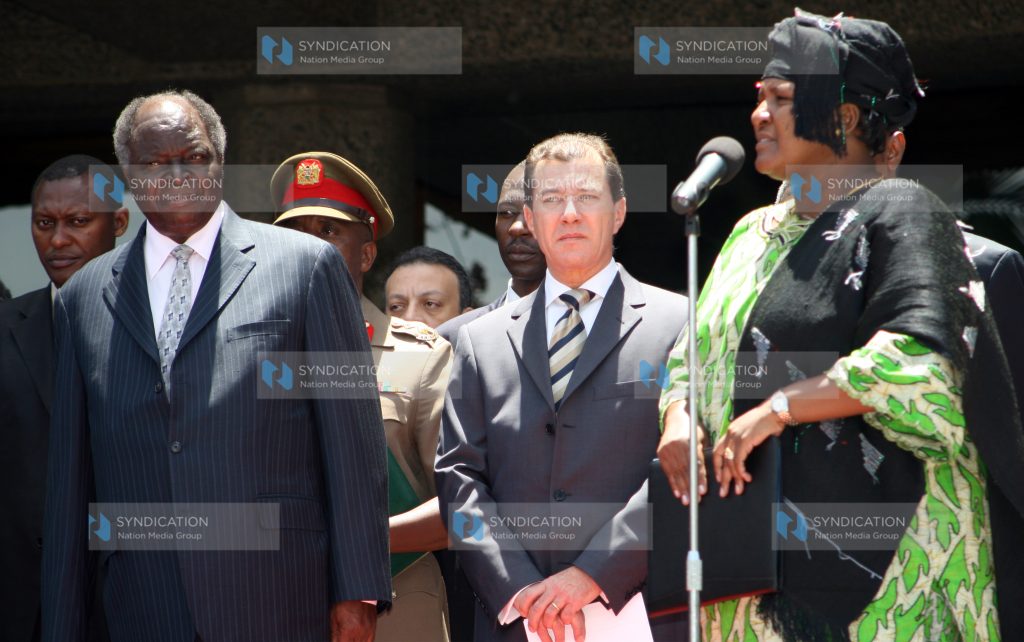 President Mwai Kibaki, Jaher Hamza Ambassador Egypt listens to Naomi Shabana Minister for Special Programme