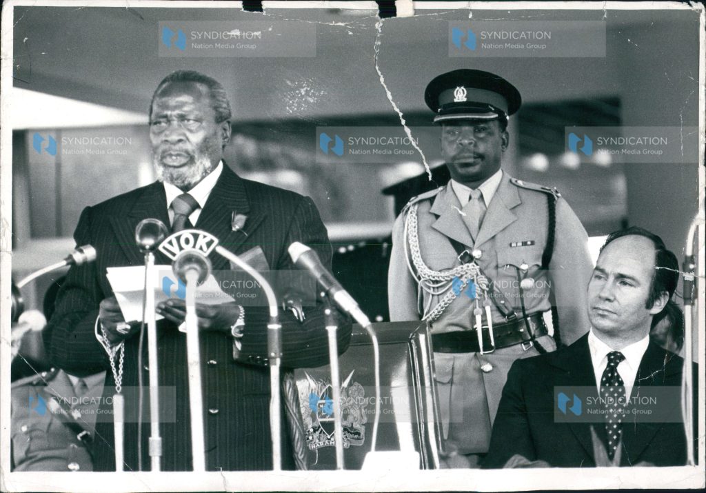 Mzee Jomo Kenyatta delivers a speech during the official opening of the Nairobi Serena