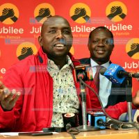Senator Kipchumba Murkomen (left) addressing media