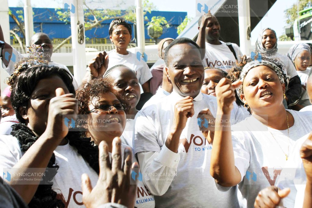 Lands Cabinet Secretary, Prof Jacob Kaimenyi joins women in a dance at Laico Regency
