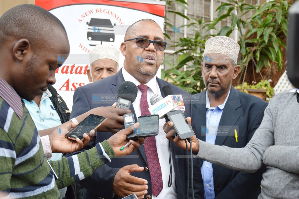 Matatu Owners Association (MOA) Chairman Samuel Kimutai addresses the media