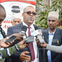 Matatu Owners Association (MOA) Chairman Samuel Kimutai addresses the media