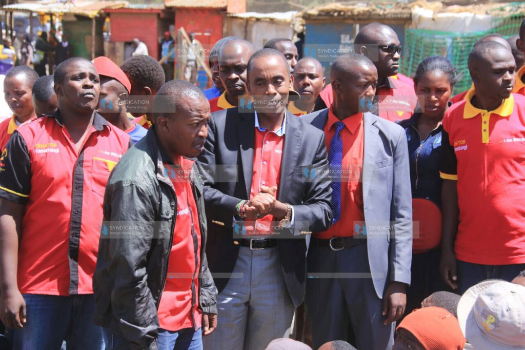 Kiambu Senator Kimani Wamatangi addresses the electorate at Nyambare