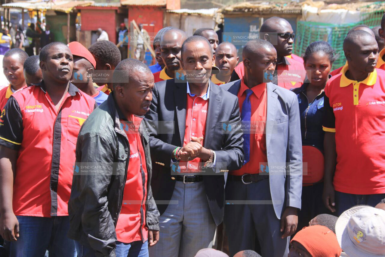Kiambu Senator Kimani Wamatangi addresses the electorate at Nyambare