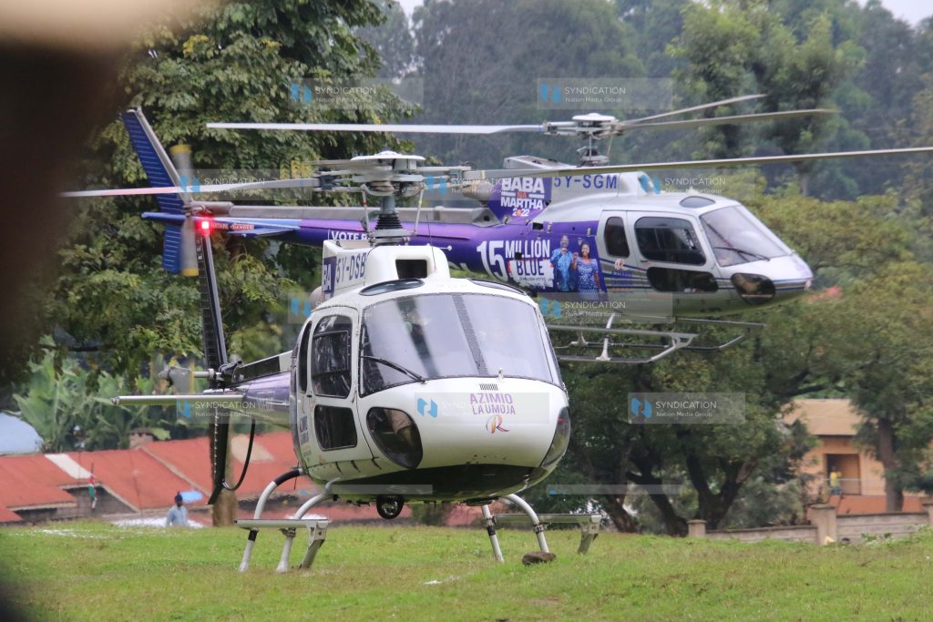 Azimio La Umoja presidential candidate Raila Odinga's helicopter leaves Kerugoya Stadium