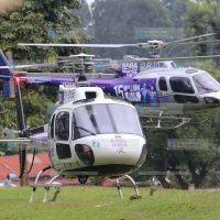 Azimio La Umoja presidential candidate Raila Odinga's helicopter leaves Kerugoya Stadium