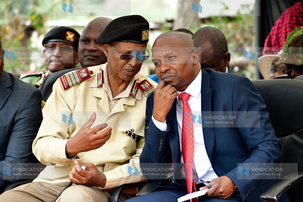 Rift Valley Regional County Commissioner Abdi Hassan conferred with Interior Cabinet Secretary Kithure Kindiki