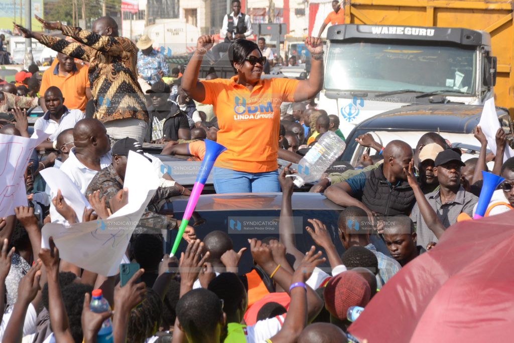 Gladys Atieno Wanga engages supporters during a rally in Kondele, Kisumu