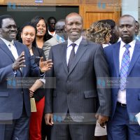 Kabarak University Vice-Chancellor Henry Kiplagat has a word with Nakuru Governor Lee Kinyanjui and his Deputy Erick Korir