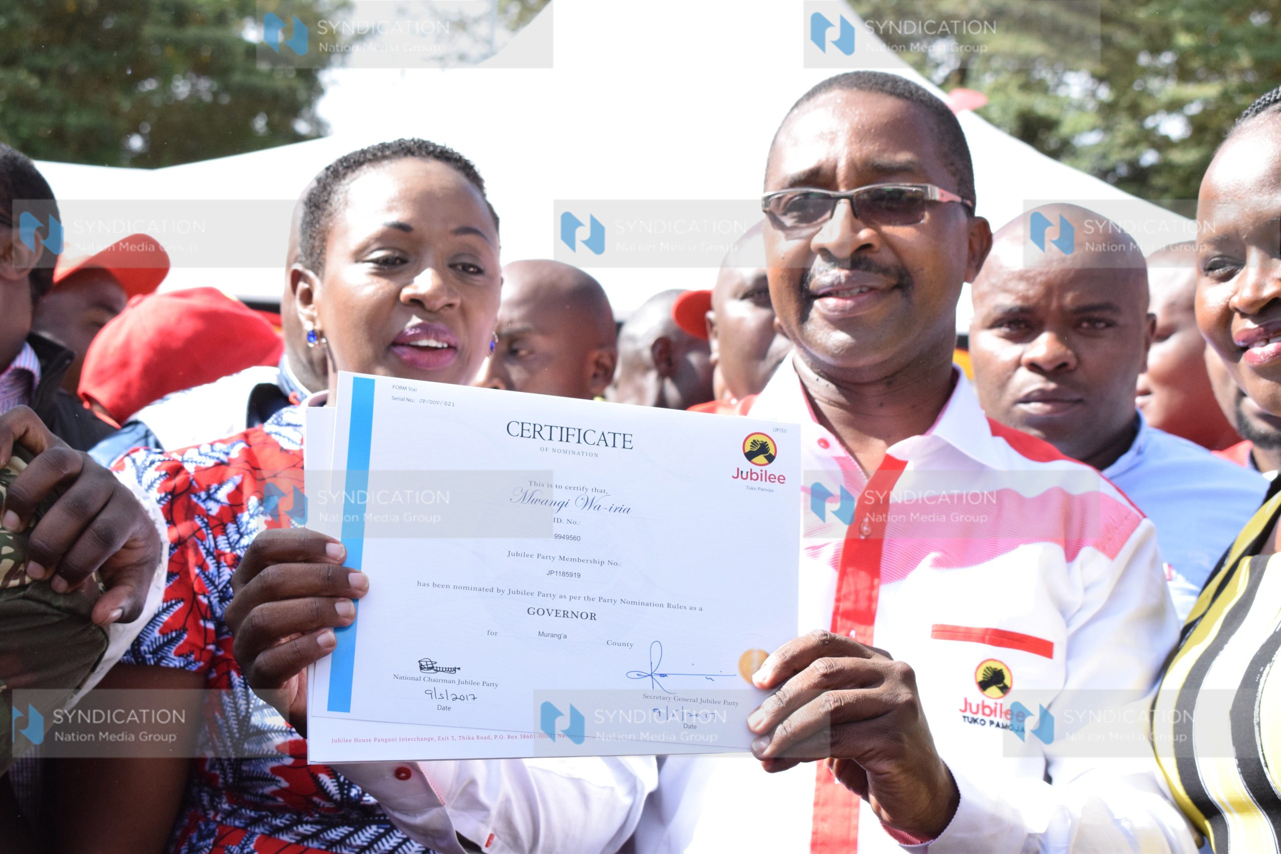 Murang’a governor Mwangi Wa Iria displays his nomination certificate