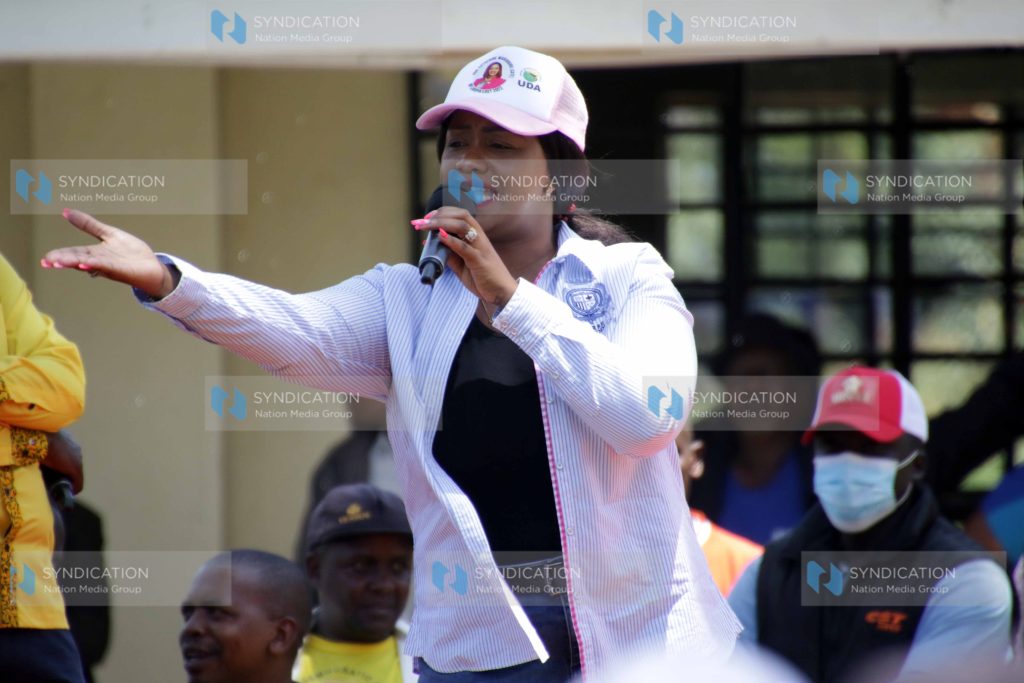 Laikipia Woman Representative Cate Waruguru addresses a Kenya Kwanza campaign rally