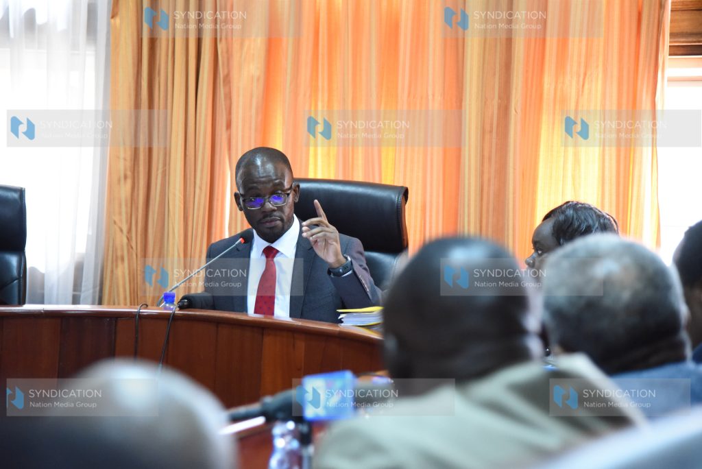 Senate PAIC chairman Moses Kajwang' during a probe