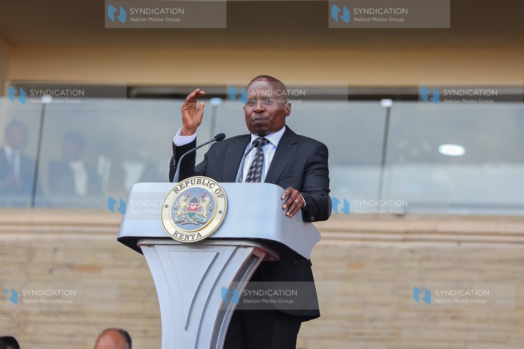 Deputy President Kithure Kindiki speaks during the state funeral of former Prime Minister Raila Odinga