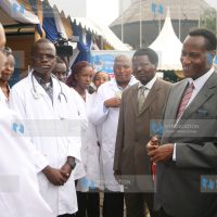 Education cabinet secretary Prof Jacob Kaimenyi talks to Mt Kenya university school of nursing students
