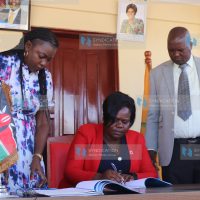 Homa Bay County Assembly Speaker Julius Gaya and Assembly Clerk Faith Apuko