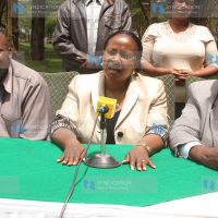 Wavinya Ndeti (middle) flanked by officials speaks to journalists