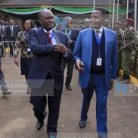 CS James Macharia (Transport) and CS Jacob Kaimenyi (Lands) are seen leaving Bomas of Kenya
