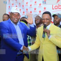 Labour Party leader Ababu Namwamba welcomes Webuye East MP aspirant Dan Simiyu to Labour Party