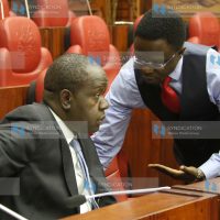 Education Cabinet Secretary Fred Matiang’i having a word with Budalangi MP Ababu Namwamba