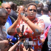 Malindi MP Aisha Jumwa and her Msamweni counterpart Suleiman Dori flanked by a section of Coast leaders
