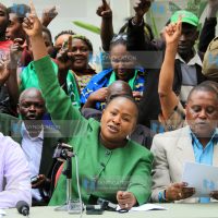 Chama Cha Uzalendo chairperson Wavinya Ndeti flanked by party leaders