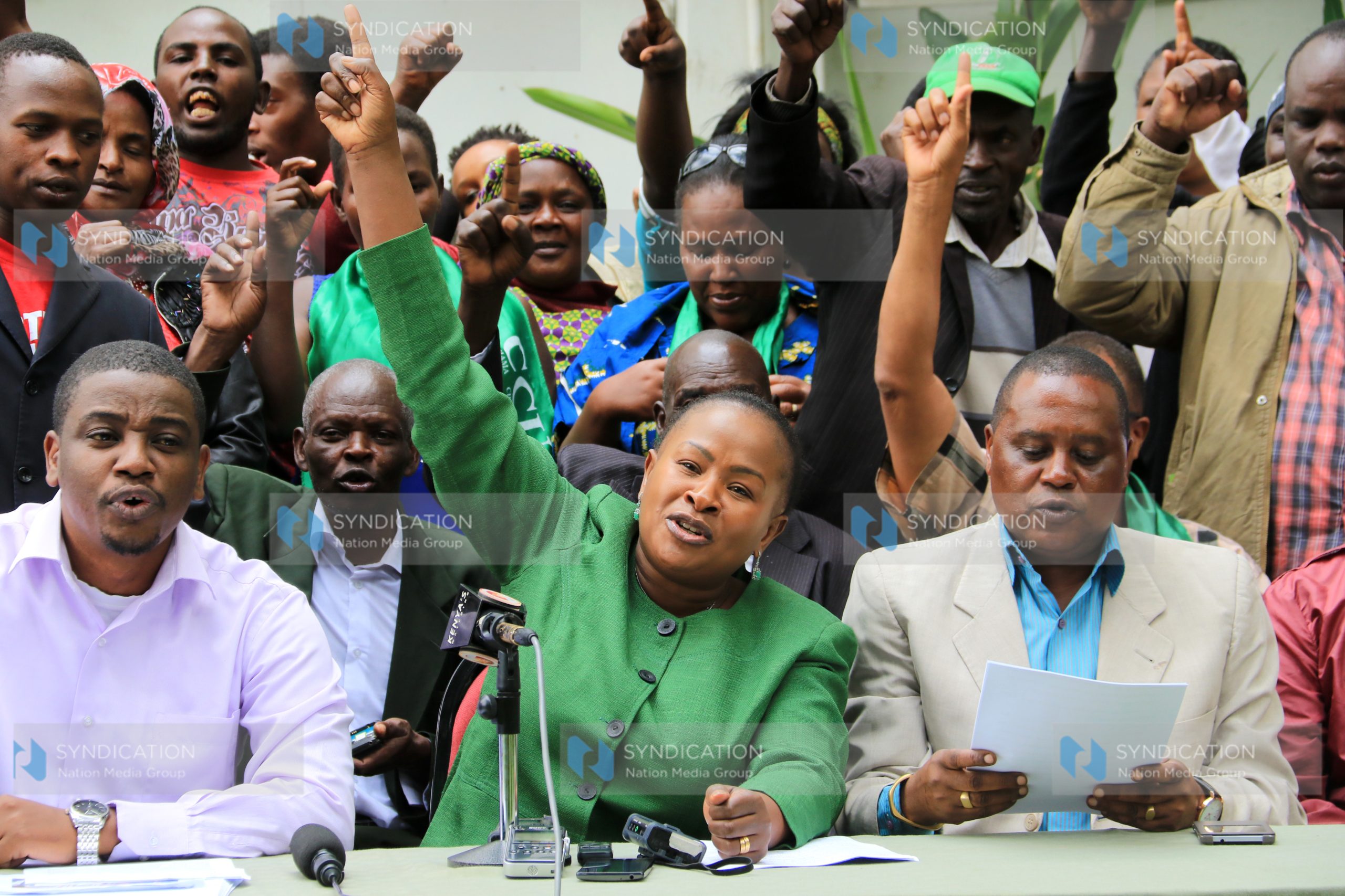 Chama Cha Uzalendo chairperson Wavinya Ndeti flanked by party leaders