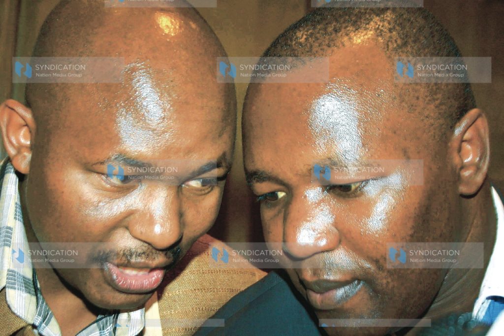 Newly elected LSK Chairman Lawyer Okong'o Omogeni confers with outgoing Chairman Mr. Tom Ojienda