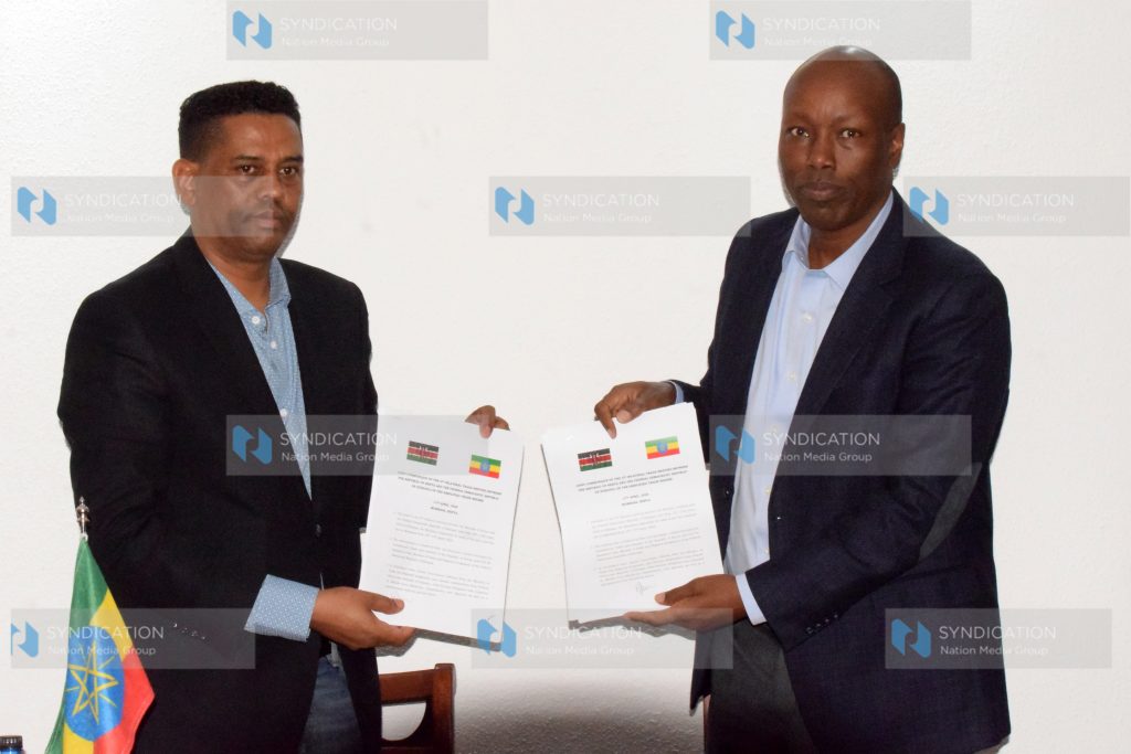 Kenyan Cabinet Secretary for Investments, Trade and Industry Lee Kinyanjui and his Ethiopian counterpart Minister of Trade and Regional Integration Dr Kassahun Gofe