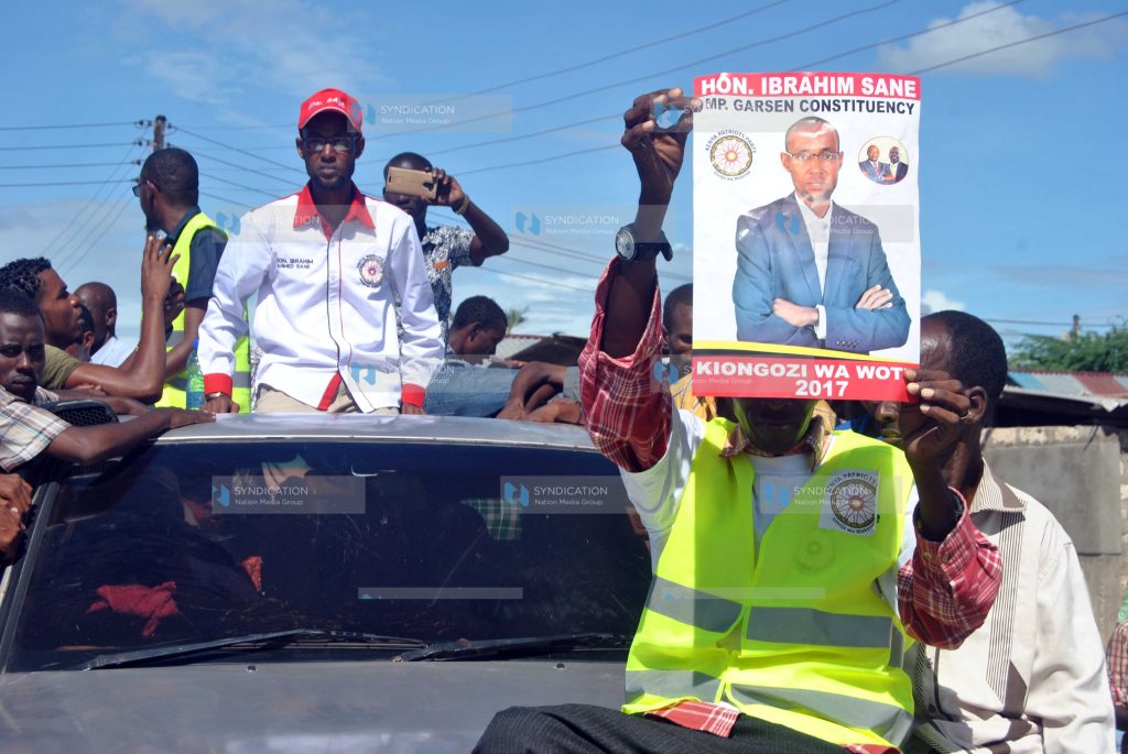 Garsen MP Ibrahim Sane greets supporters at Garsen Town