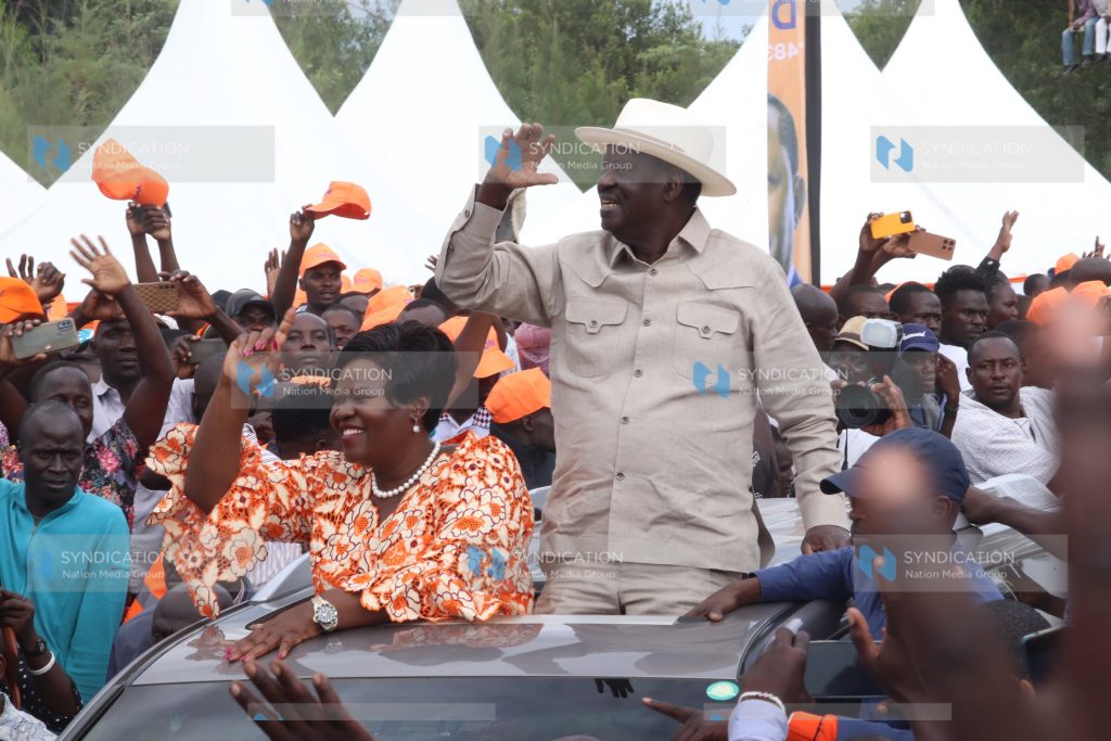 Former prime minister Raila Odinga and Homa Bay Governor Gladys Wanga