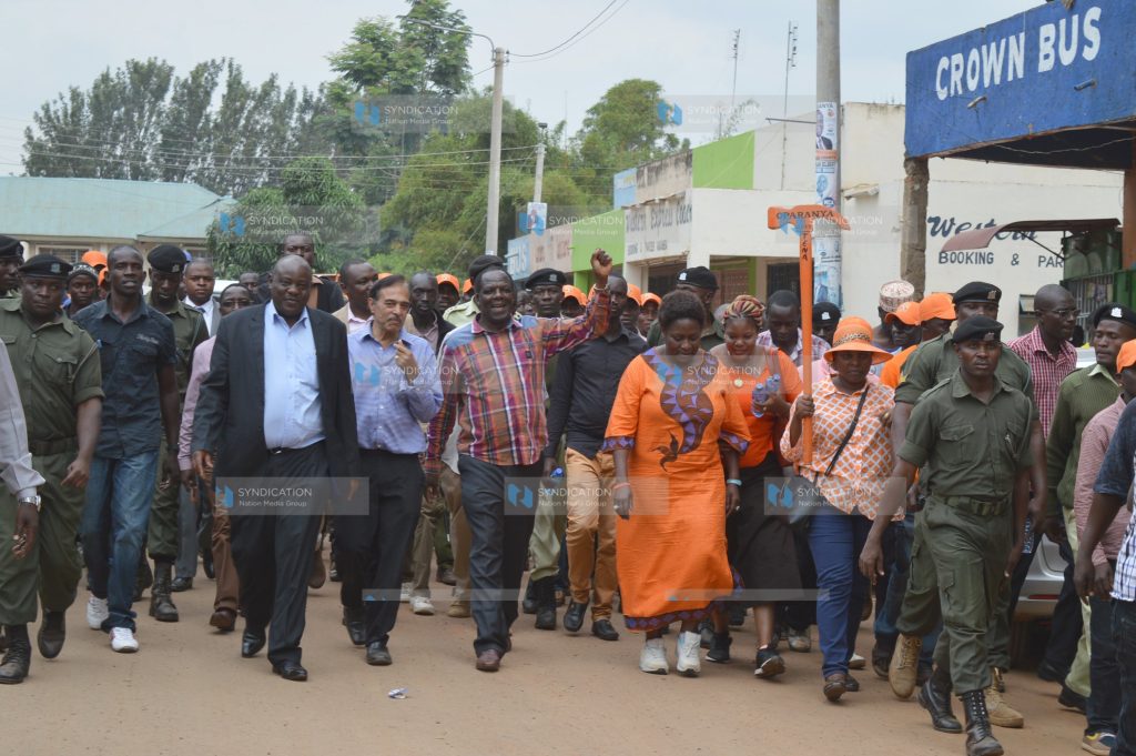 Wycliffe Oparanya (centre), Governor of Kakamega, campaigns