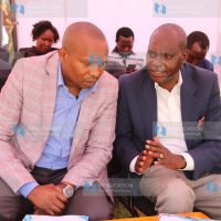 Senate Deputy Speaker Kithure Kindiki chats with Mbeere North MP Muriuki Njagagua