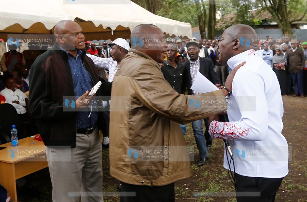 Jubilee Party Chairman David Manyara shows his anger as Bahati Constituency Member of National Assembly Kimani Ngunjiri