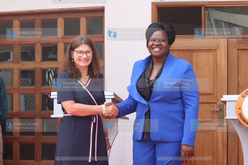 EU Ambassador to Kenya Geiger Henriette pose for a photo with Governor Gladys Wanga