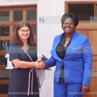 EU Ambassador to Kenya Geiger Henriette pose for a photo with Governor Gladys Wanga