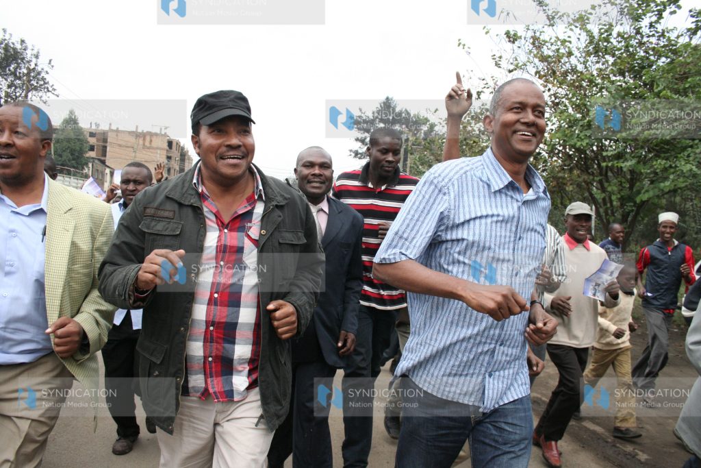 PNU Kamukunji parliamentary candidate Yusuf Hassan Abdi (right) and his Embakasi counterpart Ferdinand Waititu