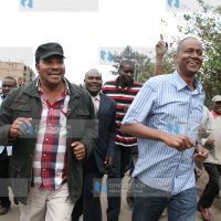 PNU Kamukunji parliamentary candidate Yusuf Hassan Abdi (right) and his Embakasi counterpart Ferdinand Waititu