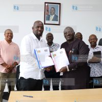 Transport Cabinet Secretary Kipchumba Murkomen and Uganda's Works and Transport Minister Gen Edward Katumba-Wamala