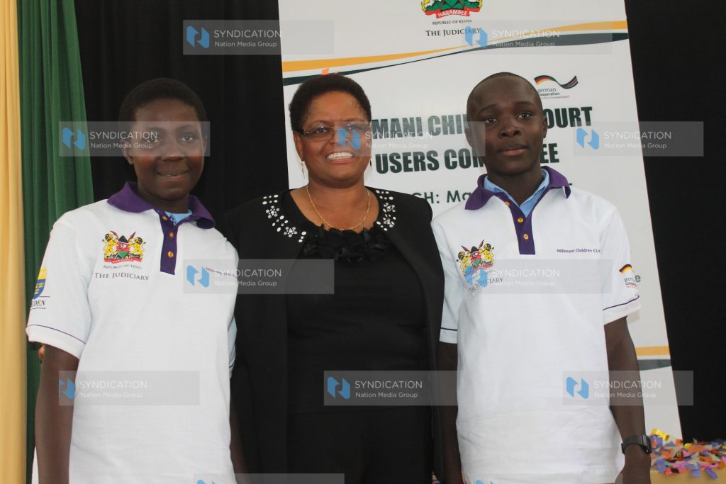 Court of Appeal Judge Justice Martha Koome with Mercelyne Kapisu of Kirigiti rehabilitation and Daniel Omondi of Kabete Rehabilitation
