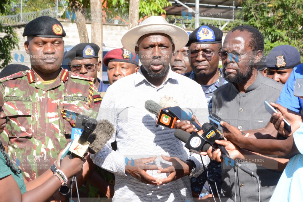 Interior Cabinet Secretary Kipchumba Murkomen speaking to the media