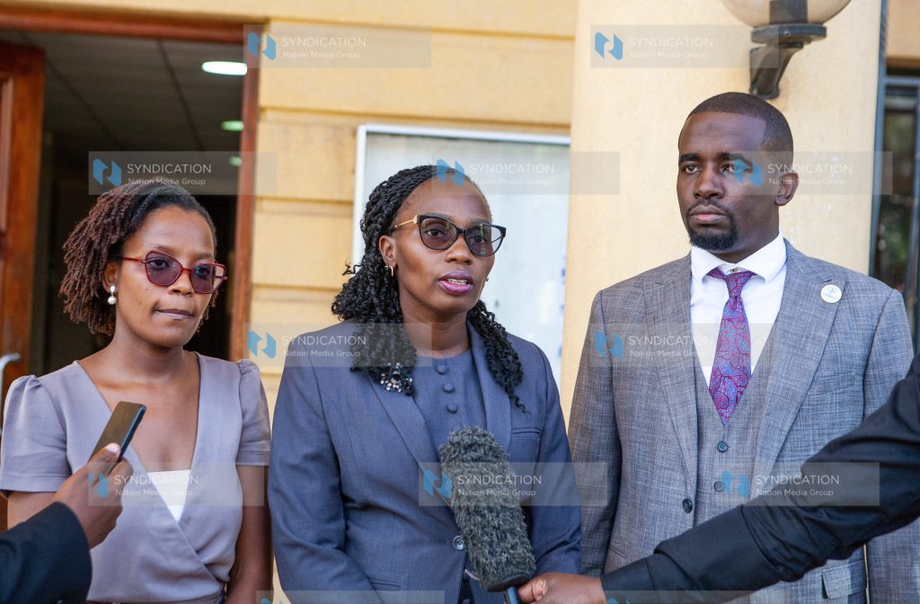 Law Society of Kenya President Faith Odhiambo, East Africa Law Society President Ramadhan Abubakar Mukira and LSK council member Gloria Kimani